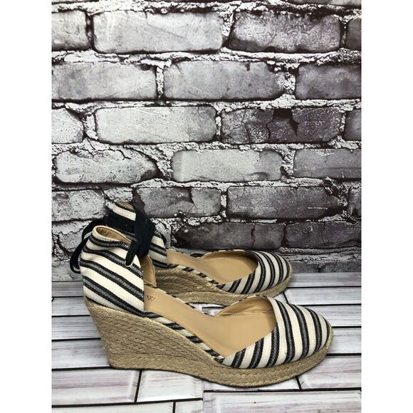 J.CREW Eloise Blue Striped Fabric Espadrilles Wedge Ankle Wrap Sandals Women 8M - Picture 15 of 16